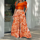 Naore - Elegant Two-Piece Set Of Puff Sleeves Top And Wide-leg pants