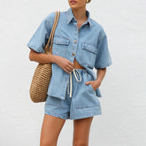 Merve - Women's Denim Co-ord Set of Short-Sleeves Shirt and Shorts