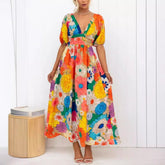 Avenna - Women's Vibrant Maxi Dress with Puff Sleeves