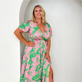 Florvera - Women's Wrap Midi Dress with Puff Sleeves