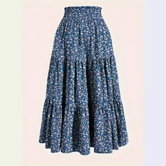 Tisha - Blue Floral Elastic Waist Skirt