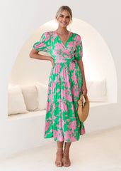 Florvera - Women's Wrap Midi Dress with Puff Sleeves