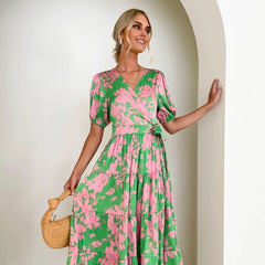 Florvera - Women's Wrap Midi Dress with Puff Sleeves